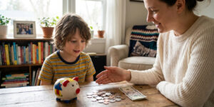 Une mère explique la gestion de l'argent à son fils devant une tirelire et des pièces sur une table en bois.