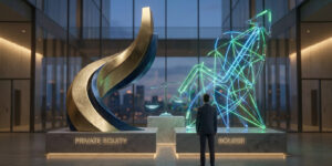 Un homme d'affaires regarde deux sculptures symbolisant le private equity et la bourse dans un hall d'immeuble moderne.