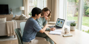 Un couple souriant assis à une table devant un ordinateur portable, organisant leurs finances et prenant des notes.