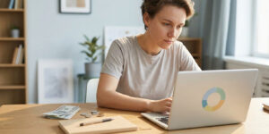Une personne concentrée travaille sur son ordinateur portable avec de l'argent liquide sur son bureau.