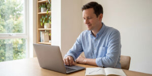 Un homme souriant travaille sur son ordinateur portable avec un carnet montrant un graphique devant lui.