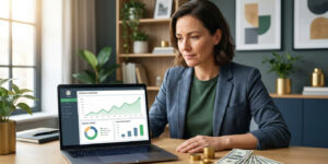 Une femme analysant un tableau de bord financier sur son ordinateur portable, avec de l'argent sur son bureau.